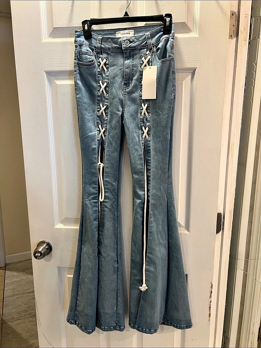 La Bijou Lace-Up Flare Jeans in Blue Size Small NWT